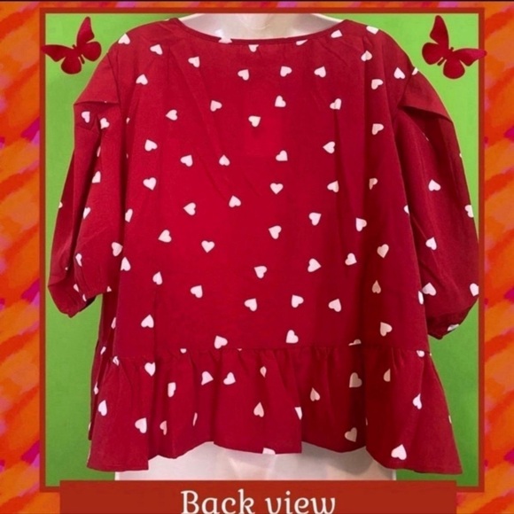 FEMME NWT 4X RED FLIRTY CROP TOP WHITE HEARTS PEPLUM HEM&PUFF SLEEVE - Picture 4 of 12